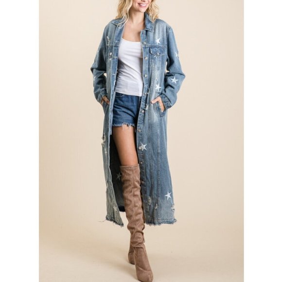 Star Distressed Long Maxi Denim Jean Jacket Coat - Picture 6 of 9